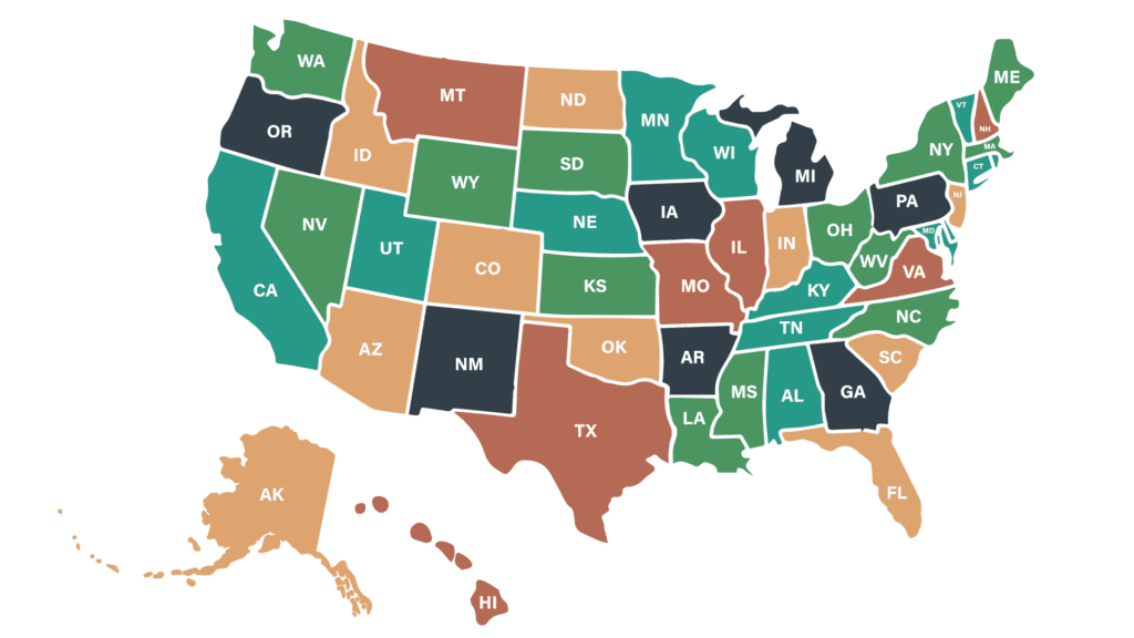 A map of the United States. The states are color-coded.