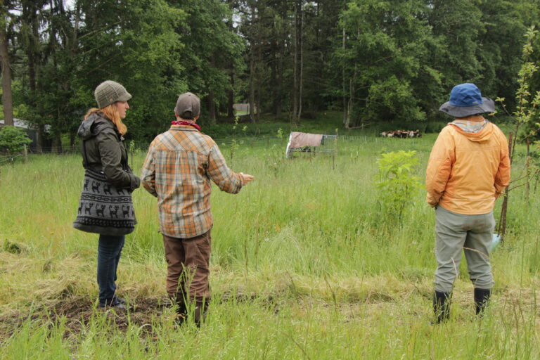 Kelsi talking with owners and workers at the Sky Root farm.